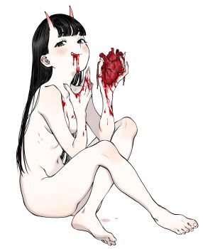1girl absurdres barefoot black_eyes black_hair blood blood_on_face blood_on_hands blush bomhat breasts completely_nude eating full_body guro heart_(organ) highres horns long_hair looking_at_viewer nude oni original pale_skin small_breasts smile solo toes