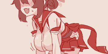 1girl bent_over blue_archive blush breasts clothing_cutout cowboy_shot detached_sleeves faceless faceless_female facing_ahead fang hair_bun halo hanging_breasts hip_vent impossible_clothes impossible_shirt kaede_(blue_archive) large_breasts lowres maibotsumou monochrome nose_blush oekaki oppai_loli pleated_skirt red_theme sailor_collar shaded_face shirt short_hair simple_background single_hair_bun skin_fang skirt sleeveless sleeveless_shirt smile solo standing sweat