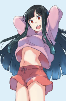 Rule 34 | 1girl, :d, adapted costume, arms behind head, black hair, blue background, blunt bangs, blunt ends, breasts, clothes lift, commentary request, cowboy shot, highres, hood, hoodie, hoodie lift, houraisan kaguya, jack (wkm74959), long hair, long sleeves, looking at viewer, medium breasts, midriff, navel, open mouth, parted bangs, pink hoodie, red eyes, red shorts, short shorts, shorts, simple background, smile, solo, standing, straight hair, teeth, touhou, upper teeth only