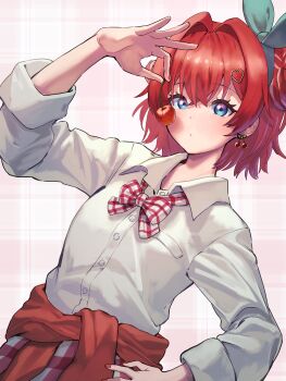 1girl absurdres ange_katrina arm_up blue_eyes blush bow bow_hairband bowtie breasts cherry_earrings cherry_pop_(vocaloid) closed_mouth clothes_around_waist collared_shirt commentary_request cowboy_shot crossed_bangs double_bun dutch_angle earrings eyelashes food-themed_earrings food_themed_earrings gingham_clothes gingham_skirt green_bow green_hairband grid_print hair_between_eyes hair_bun hair_intakes hair_ornament hairband hand_on_own_hip heart heart_hair_ornament highres holding_cherry jewelry looking_at_viewer medium_hair multicolored_eyes multicolored_hair nail_polish nijisanji official_alternate_costume pink_background pink_skirt plaid_background print_bow print_bowtie purple_eyes red_bow red_bowtie red_hair red_nails red_sweater rkin_4917 shirt skirt sleeves_rolled_up small_breasts solo streaked_hair sweater sweater_around_waist two-tone_eyes virtual_youtuber white_bow white_bowtie white_shirt