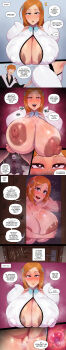 Rule 34 | 1girl, absurdres, aftersex, areola slip, bleach, blush, breasts, commentary, cum, cum in pussy, cum on body, english commentary, english text, highres, hollow (bleach), implied sex, impregnation, incredibly absurdres, inoue orihime, kurosaki ichigo, large breasts, long image, netorare, rampage (leedash2), revealing clothes, sweat, tall image