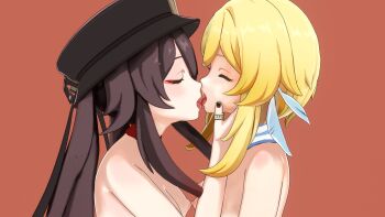 2girls 3d blonde_hair breasts brown_hair closed_eyes french_kiss genshin_impact hat highres hu_tao_(genshin_impact) jewelry kiss lumine_(genshin_impact) multiple_girls nipples ring simple_background stukove tongue tongue_out yuri