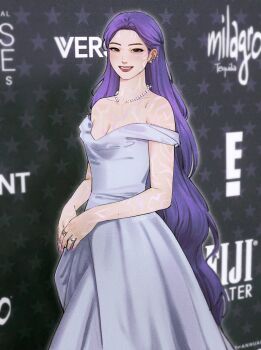 1girl alternate_costume alternate_hairstyle artist_name body_markings breasts brown_eyes cleavage commentary cowboy_shot dress earrings english_commentary evening_gown facial_mark film_grain glint grin highres jewelry kpop_demon_hunters long_hair looking_at_viewer mole mole_on_arm mole_on_neck multiple_moles multiple_rings necklace off-shoulder_dress off_shoulder outer_glow outline own_hands_together parted_hair pearl_necklace ring rumi_(kpop_demon_hunters) silver_earrings silver_ring smile sparkle_earrings star_(symbol) star_symbol_background teeth tenartistt very_long_hair watermark white_dress white_outline