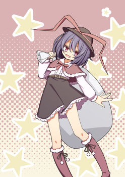 Rule 34 | 1girl, absurdres, belt, black skirt, blush, boots, capelet, commentary request, frilled skirt, frills, fur trim, gradient background, hat, hat ribbon, hekkmushi, highres, holding, holding sack, long sleeves, looking at viewer, nagae iku, open mouth, purple hair, red boots, red capelet, red pupils, red ribbon, red shoes, ribbon, sack, shirt, shoes, short hair, skirt, smile, solo, star (symbol), star symbol background, touhou, white shirt