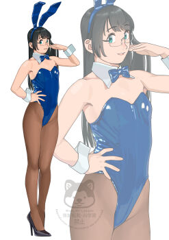 1girl absurdres alternate_costume animal_ears black_hair blue_bow blue_bowtie blue_eyes bow bowtie brown_pantyhose commentary_request fake_animal_ears glasses hand_on_own_hip high_heels highres kantai_collection leotard long_hair ojipon ooyodo_(kancolle) pantyhose parted_lips playboy_bunny rabbit_ears simple_background standing watermark white_background wrist_cuffs zoom_layer