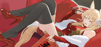 1girl ;d absurdres animal_ear_fluff animal_ears arknights auguste bare_shoulders black_thighhighs blemishine_(arknights) blonde_hair blush breasts bridal_gauntlets calligraphy_brush china_dress chinese_clothes chinese_commentary chinese_zodiac commentary_request couch detached_sleeves dress dutch_angle feather_boa flower hair_flower hair_ornament happy_new_year high_heels highres holding holding_brush horse_ears horse_girl horse_tail long_hair long_sleeves looking_at_viewer medium_breasts new_year on_couch one_eye_closed open_mouth orange_eyes paintbrush red_dress red_shoes rose shoes simple_background smile solo tail thighhighs white_flower white_rose year_of_the_horse
