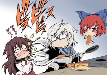 1boy 2girls ahoge brown_hair floating_head food frying_pan glasses hidefu_kitayan highres hitting imaizumi_kagerou long_hair morichika_rinnosuke multiple_girls pancake red_hair ribbon sekibanki short_hair touhou white_hair