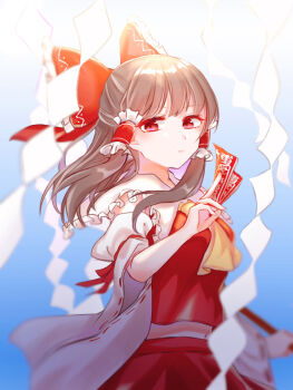 1girl ascot between_fingers blurry bow breasts brown_hair closed_mouth commentary_request depth_of_field detached_sleeves frilled_bow frilled_hair_tubes frills gohei hair_bow hair_tubes hakurei_reimu highres holding holding_gohei long_hair looking_at_viewer midriff navel ofuda ofuda_between_fingers red_bow red_eyes red_skirt ribbon-trimmed_sleeves ribbon_trim skirt skirt_set solo touhou yellow_ascot yomogi_9392