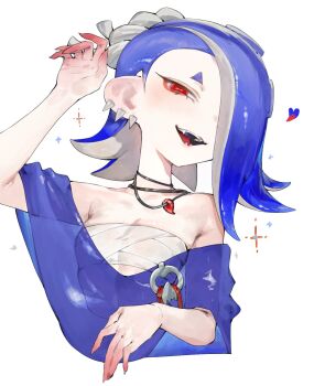 1girl blue_hair capelet chest_sarashi cropped_torso facing_viewer fangs hair_over_one_eye hand_up heart jewelry looking_back magatama magatama_necklace necklace nintendo octoling red_eyes sarashi shiver_(deep_cut_outfit)_(splatoon) shiver_(splatoon) smile solo sparkle splatoon_(series) splatoon_3 tentacle_hair togetoge upper_body