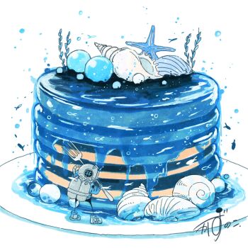 1other air_bubble algae artist_name blue_jacket bubble commentary diving_helmet fish flying_fish food food_focus fork gem gloves helmet highres holding holding_fork jacket kazunoko_(kazunoko_zunoco) mini_person original oxygen_tank pancake pearl_(gemstone) plate scallop seashell shell shoes signature snail_shell solo standing starfish water white_background white_gloves white_shoes