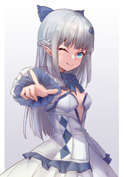 1girl absurdres blue_bow blue_eyes blush bow breasts cleavage dress grey_hair hair_ornament highres long_hair one_eye_closed pointing pointing_at_viewer pointy_ears sao7 small_breasts snow_brandia standing white_background