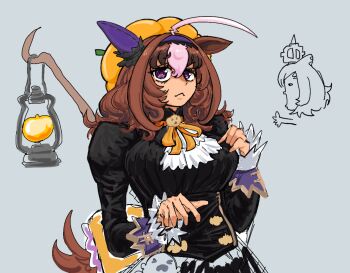 &gt;_&lt; 1girl :&lt; @_@ ahoge animal_ears ascot back_bow bags_under_eyes black_shirt black_skirt bow breasts buttons closed_mouth collared_shirt cowboy_shot ear_covers ear_ornament ears_down expressionless eyelashes frown ghost grey_background hair_between_eyes hairband halloween_costume hand_on_own_chest hat high_collar highres horse_ears horse_tail huge_ahoge huge_breasts juliet_sleeves lantern large_bow long_sleeves looking_at_viewer meisho_doto_(umamusume) multicolored_hair orange_bow orange_hat pikminpreggedup puffy_sleeves pumpkin_hat purple_eyes purple_hairband raised_inner_eyebrows shirt simple_background single_ear_cover skirt sleeve_cuffs sleeves_past_wrists standing streaked_hair t.m._opera_o_(umamusume) tail umamusume wavy_hair white_ascot