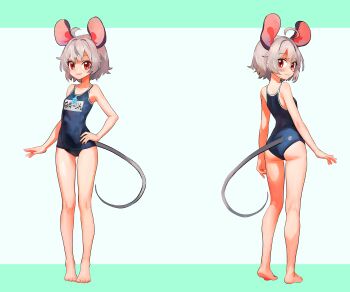 1girl absurdres ahoge animal_ears ass barefoot blue_one-piece_swimsuit blush breasts closed_mouth commentary commission english_commentary full_body grey_hair hand_on_own_hip highres jewelry large_variant_set looking_at_viewer mouse_ears mouse_girl mouse_tail multiple_views name_tag nazrin necklace old_school_swimsuit one-piece_swimsuit open_mouth pendant red_eyes school_swimsuit second-party_source short_hair small_breasts smile swimsuit tail toes touhou tsukiyono_aroe variant_set