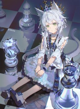 1girl absurdres animal_ear_fluff animal_ears arknights bishop_(chess) blue_bow bow cat_ears cat_girl cat_tail chain chess_piece chessboard chinese_commentary collared_dress commentary_request crown dress flower full_body green_eyes grey_hair highres itsuka_yiguo knight_(chess) long_hair looking_at_viewer mini_person minigirl parted_lips print_dress purple_flower rook_(chess) rosmontis_(an_airy_dream)_(arknights) rosmontis_(arknights) shoes sitting sneakers solo tail white_shoes wrist_cuffs