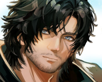1boy beard black_cloak black_hair blue_eyes clive_rosfield cloak closed_mouth commentary_request cropped_head facial_hair facial_scar final_fantasy final_fantasy_xvi hair_between_eyes looking_at_viewer male_focus parted_bangs portrait rino_han scar scar_on_cheek scar_on_face short_hair sketch solo