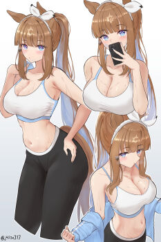 +_+ 1girl absurdres almond_eye_(umamusume) alternate_costume animal_ears bare_shoulders black_leggings blue_eyes blue_jacket blush bow bow_hairband braid breasts brown_hair cellphone cleavage collarbone colored_inner_hair hair_between_eyes hair_ornament hairband hairclip highres holding holding_phone horse_ears horse_girl horse_tail j450n777 jacket jacket_partially_removed large_breasts leggings long_hair looking_at_viewer midriff multicolored_hair navel open_clothes open_jacket phone ponytail simple_background smartphone sports_bra stomach sweat symbol-shaped_pupils tail umamusume white_background white_hairband white_sports_bra x-shaped_pupils