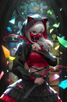 Rule 34 | 1girl, animal ears, belt, black belt, black hoodie, black skirt, blurry, blurry background, broken glass, cat ears, comic cover, commentary, cover, cover page, cowboy shot, dual wielding, ejikure, english commentary, fake animal ears, frilled skirt, frills, glass, highres, holding, holding sickle, holding weapon, hood, hoodie, logo, long hair, looking at viewer, looking to the side, marvel, mask, midriff, mouth mask, mutina, official art, red eyes, red hood, red mask, red shirt, red trim, shirt, sickle, skirt, solo, stained glass, textless version, two-sided hoodie, weapon, white hair, x-men