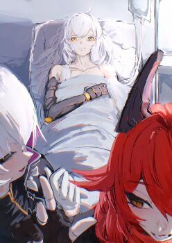 Rule 34 | 3girls, chinese commentary, closed eyes, closed mouth, collarbone, commentary request, expressionless, fingerless gloves, gloves, goddess of victory: nikke, hand up, highres, horns, indoors, intravenous drip, liliweiss (nikke), long hair, looking at viewer, lower teeth only, mechanical arms, mechanical horns, mixed-language commentary, multiple girls, open mouth, pillow, red hood (nikke), short hair, single mechanical arm, smile, snow white (nikke), teeth, thenami, under covers, upper body, white gloves, white hair, yellow eyes