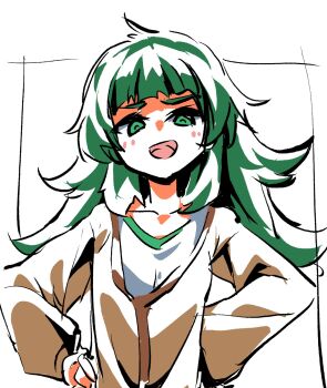 1girl :d bad_tag blunt_bangs commentary_request green_eyes green_hair hands_on_own_hips highres hiyajou_maho long_sleeves looking_at_viewer messy_hair open_mouth sadarann science_adventure simple_background smile solo steins;gate steins;gate_0 tongue upper_body white_background