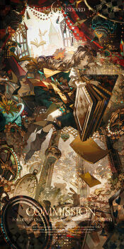 1girl absurdres ace_(playing_card) animal_ears asymmetrical_legwear bear_ears bear_girl belt belt_pouch beret blue_eyes book bow bowtie brown_bow brown_bowtie brown_cape brown_eyes brown_flower brown_hair brown_hat brown_socks cape card chair checkered_hat closed_mouth commission curtains dome dress flower full_body gloves hat heterochromia highres kneehighs lamp layered_skirt long_hair mismatched_legwear open_book original parted_bangs playing_card pocket_watch pouch puffy_sleeves shirt shoes short_sleeves sidelocks single_wrist_cuff skirt sky smile socks solo stuffed_animal stuffed_rabbit stuffed_toy table tassel teddy_bear turkish_lamp two-sided_cape two-sided_fabric utility_belt watch watermark white_gloves white_shirt wrist_cuffs yan_zi_yao_yu