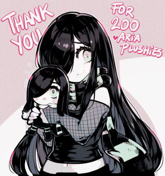1girl aria_wintermint bare_shoulders black_hair black_shirt character_doll closed_mouth commentary doll english_commentary fishnet_sleeves fishnets green_eyes hair_over_one_eye holding holding_doll long_hair looking_at_viewer midriff milestone_celebration navel parororo scarf shirt smile solo striped_clothes striped_scarf thank_you the_crawling_city upper_body