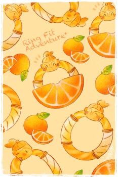 blush border closed_eyes colored_pencil_(medium) commentary_request copyright_name food fruit happy happy_aura no_humans orange_(fruit) orange_slice ring_(ring_fit_adventure) ring_fit_adventure traditional_media white_border yukichi_0611