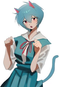 animal_ears ayanami_rei blue_hair blue_skirt blush bow cat_ears cat_girl cat_tail clenched_hand commentary fang hair_between_eyes highres kitomw05 loose_hair_strand neon_genesis_evangelion open_mouth paw_pose red_bow red_eyes school_uniform short_hair skin_fang skirt tail tokyo-3_middle_school_uniform untranslatable_commentary