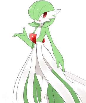 bob_cut colored_skin dress gardevoir gen_3_pokemon green_hair green_skin hair_over_one_eye looking_at_viewer multicolored_skin nintendo pokemon pokemon_(creature) red_eyes senju_(snz0) simple_background two-tone_skin white_background white_dress white_skin