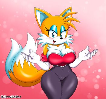 1girl blue_eyes blue_eyeshadow breasts chaosknight_1 cleavage cosplay eyelashes eyeshadow fox furry furry_female genderswap genderswap_(mtf) highres makeup multiple_tails non-web_source open_mouth rouge_the_bat rouge_the_bat_(cosplay) simple_background sonic_(series) standing tail tails_(sonic) two_tails yellow_fur