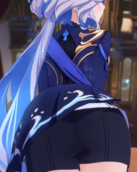 1girl 3d absurdres artist_request ass ass_focus blue_hair coat from_behind furina_(genshin_impact) genshin_impact highres huge_ass leaning leaning_forward long_hair short_shorts shorts solo very_long_hair