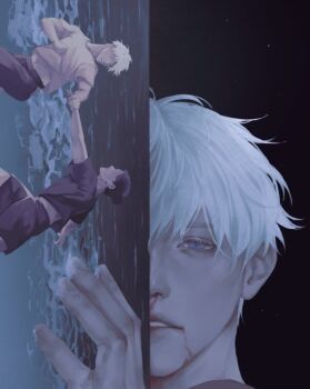 2boys 3aem beach black_hair black_shorts blood blood_from_mouth blood_on_face blue_eyes commentary crew_neck english_commentary getou_suguru gojou_satoru hair_bun holding_hands jujutsu_kaisen male_focus midriff_peek multiple_boys nosebleed ocean shirt short_sleeves shorts single_hair_bun water white_hair