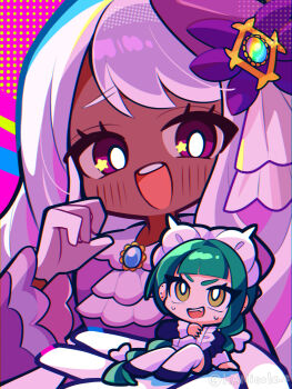 2girls :d absurdres apron black_shoes blush bright_pupils chibi commentary_request dark-skinned_female dark_skin eyelashes gloves green_hair hand_up hat headdress highres index_finger_raised jacinthe_(pokemon) lebanne_(pokemon) long_hair long_sleeves multiple_girls nikoru nintendo open_mouth pokemon pokemon_legends:_z-a purple_eyes purple_hat shoes smile sweat teeth thighhighs tilted_headwear upper_teeth_only white_apron white_pupils white_thighhighs yellow_eyes