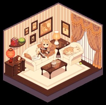 1girl animal_ears animated animated_gif artist_name ball book brown_eyes brown_hair brown_skirt chair chest_of_drawers clock commentary couch cup curtains dav-19 diorama dog dog_ears dog_girl dog_tail english_commentary holding holding_book indoors isometric lamp looping_animation momoko_(dav-19) no_shoes on_couch original picture_frame pillow pixel_art pomeranian_(dog) pompon_(dav-19) reading rug shelf short_hair skirt sleeping solo table tail teacup tennis_ball thighhighs transparent_background turtle white_thighhighs wooden_floor zzz