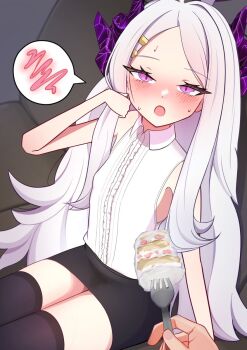 Rule 34 | 1boy, 1girl, ahoge, birthday, birthday cake, black skirt, black thighhighs, blue archive, blush, breasts, cake, commentary request, demon girl, demon horns, food, fork, holding, holding fork, horns, indoors, long hair, myrica kakikaki, open mouth, purple eyes, sensei (blue archive), sitting, skirt, small breasts, thighhighs, very long hair, white hair