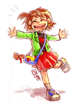 1girl ankle_socks archived_source bag black_shirt blue_bag blue_shoes blush buttons closed_eyes commentary_request cross-laced_shoes earrings full_body green_jacket green_sleeves hair_tie happy heart heart_button heart_print jacket jewelry jung_han-na knee_blush korean_commentary lapels leg_up long_sleeves miniskirt nose_blush notched_lapels one_side_up open_hands open_mouth original outstretched_arms plaid_clothes pocket print_shirt red_skirt shadow shirt shoes short_hair shoulder_bag signature simple_background skirt sneakers socks solo spread_arms standing standing_on_one_leg star_(symbol) star_earrings teddy_bear_ornament teeth tongue turtleneck turtleneck_shirt white_background white_socks