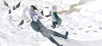 5boys aged_down axis_powers_hetalia back-to-back beak belt bird bird_wings black_belt black_boots black_cape black_coat black_necktie blue_jacket blue_pants blue_shirt blush boots breast_pocket candle cape child closed_eyes closed_mouth coat collared_shirt cross cross_print crow crying epaulettes floating_clothes from_behind full_body grey_hair highres jacket lapels long_sleeves male_focus military_jacket military_uniform multiple_boys multiple_persona necktie no_eyes outdoors pale_skin pants pocket prussia_(hetalia) purple_jacket rj91026205 robe russia_(hetalia) sash scarf shirt short_hair sitting snow snowing standing sword torn_clothes weapon white_hair white_hood white_pants white_robe white_sash white_shirt wings winter yellow_scarf