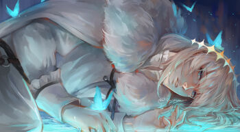 1boy blonde_hair blue_butterfly blue_eyes bug butterfly cape commentary fate/grand_order fate_(series) fur-trimmed_cape fur_trim hair_between_eyes highres insect looking_at_viewer lying male_focus oberon_(fate) oberon_(second_ascension)_(fate) on_side parted_lips renrenka_noi robe short_hair solo twitter_username white_cape white_robe