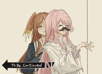 Rule 34 | 2girls, artist request, bang dream!, bang dream! it's mygo!!!!!, blue shirt, brown hair, chihaya anon, chinese commentary, closed eyes, closed mouth, commentary request, commission, fake facial hair, fake mustache, grey jacket, haneoka school uniform, head wings, highres, impending doom, jacket, lab coat, long hair, multiple girls, nagasaki soyo, pink hair, school uniform, second-party source, shirt, to be continued, tsukinomori school uniform, wings