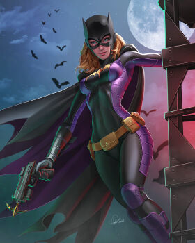 1girl bat_(animal) batgirl batman_(series) belt belt_pouch black_bodysuit black_cape black_gloves blonde_hair blue_eyes bodysuit breasts brown_belt cape dc_comics douglas_bicalho full_moon gloves grappling_gun grappling_hook gun highres holding holding_gun holding_weapon long_hair looking_at_viewer medium_breasts moon night outdoors pouch purple_cape signature solo stephanie_brown superhero_costume two-sided_cape two-sided_fabric weapon