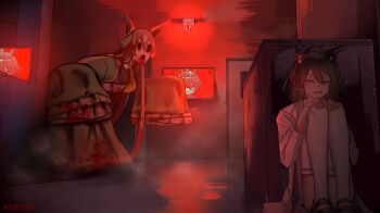 2girls absurdres agnes_tachyon_(umamusume) ahoge alarm_siren animal_ears ashenmash black_hair black_shoes blood blood_on_clothes box brown_hair closed_eyes commentary dress english_commentary freaky_satono_diamond_(meme) full_body green_dress hiding highres hollow_eyes horror_(theme) horse_ears horse_girl kitasan_black_(umamusume) long_hair long_tongue meme multiple_girls open_mouth red_theme satono_diamond_(natural_brilliance)_(umamusume) satono_diamond_(umamusume) scared shoes short_hair sleeves_past_fingers sleeves_past_wrists television thighhighs tongue umamusume very_long_tongue white_thighhighs wilted_ahoge