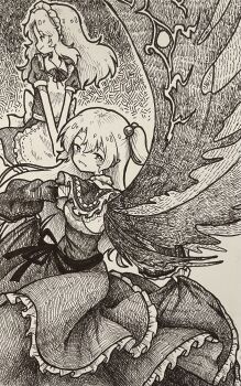 Rule 34 | 2girls, apron, capelet, greyscale, hair bobbles, hair ornament, highres, long hair, long sleeves, looking at viewer, maid, maid apron, maid headdress, monochrome, multiple girls, multiple wings, one side up, open mouth, puffy short sleeves, puffy sleeves, shinki (touhou), short sleeves, skirt hold, smile, suteruko, touhou, touhou (pc-98), traditional media, very long hair, wide sleeves, wings, yumeko (touhou)