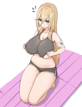 1girl aponia armband black_shorts black_sports_bra blonde_hair blue_eyes breasts commentary denim denim_shorts hair_between_eyes highres honkai_(series) honkai_impact_3rd kyaong large_breasts long_hair navel seiza shorts simple_background sitting solo sports_bra stomach thighs very_long_hair white_background yoga_mat