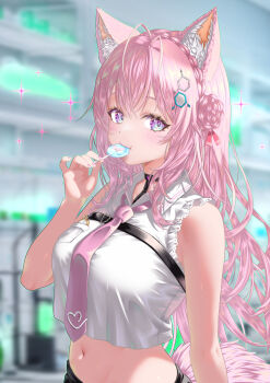 absurdres animal_ears black_skirt blue_eyes blurry blurry_background braid braided_bun candy chest_belt cropped_shirt food gradient_eyes hair_bun hakui_koyori hakui_koyori_(1st_costume) hexagon hexagon_hair_ornament highres hololive lollipop long_hair multicolored_eyes nail_polish nanaki24 navel necktie pink_eyes pink_nails pink_necktie pink_tail shirt skirt stomach virtual_youtuber white_shirt wolf_ears wolf_girl