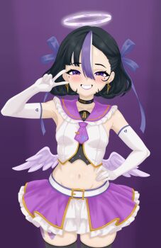 1girl belt black_hair black_thighhighs blush cowboy_shot crop_top elbow_gloves frilled_skirt frills gloves goddess_of_victory:_nikke gradient_background grin halo heart heart-shaped_pupils kyasanaxd lipstick looking_at_viewer magical_girl makeup midriff mole mole_under_eye multicolored_hair navel purple_background purple_eyes purple_hair purple_lips skirt smile solo standing symbol-shaped_pupils syuen_(nikke) thighhighs v white_gloves white_hair