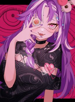 1girl absurdres black_choker black_shirt braid breasts choker cleavage eye_print eyelashes hair_ornament heart heart-shaped_pupils highres jared_(michi_mochievee) kanan_katou long_hair michi_mochievee michi_mochievee_(1st_costume) multicolored_hair open_mouth pink_eyes purple_hair purple_nails shirt solo stitched_face stitches streaked_hair symbol-shaped_pupils torn_clothes torn_shirt virtual_youtuber vshojo white_hair