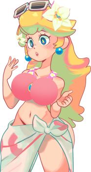 1girl bikini blonde_hair blue_eyes bottomless breasts highres large_breasts legs long_hair mario_(series) navel nintendo open_mouth pink_bikini pink_lips princess princess_peach sarong solo sunglasses_on_head swimsuit teeth thick_thighs thighs tongue wide_hips