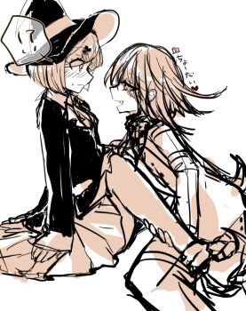 Rule 34 | !, 1boy, 1girl, ?, arm belt, belt, blazer, blush, bob cut, boots, brown theme, checkered clothes, checkered scarf, closed mouth, collared jacket, collared shirt, commentary request, danganronpa (series), danganronpa v3: killing harmony, eyelashes, eyes visible through hair, face-to-face, fang, feet out of frame, flustered, frown, full body, gem hair ornament, gomabu (rirurutennsi), hair ornament, hairclip, hat, heart, hetero, holding another's leg, jacket, long sleeves, miniskirt, monochrome, multiple belts, oma kokichi, one eye closed, open belt, open clothes, open jacket, open mouth, pants, pleated skirt, pocket, pointy nose, scarf, shirt, short hair, simple background, sitting, skirt, sleeve cuffs, sleeves past wrists, smile, speech bubble, spoken exclamation mark, spoken question mark, sweatdrop, thigh belt, thigh strap, translation request, vest, white background, wide-eyed, witch hat, yumeno himiko