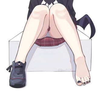 1girl absurdres bare_legs barefoot black_hoodie black_nails blue_archive commentary english_commentary feet grey_shoes head_out_of_frame highres hood hoodie kayoko_(blue_archive) knees_together_feet_apart legs long_sleeves low_wings nail_polish no_socks panties plaid_clothes plaid_skirt pyruvate red_skirt shadow shoes single_shoe sitting skirt solo thighs toenail_polish toenails toes underwear white_panties wings