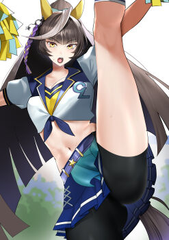 1girl absurdres animal_ears black_tail calstone_light_o_(umamusume) cheerleader highres horse_ears horse_girl horse_tail jitome_no_tsugumi looking_at_viewer navel pom_pom_(cheerleading) solo split standing standing_on_one_leg standing_split sweat tail thighs umamusume yellow_eyes