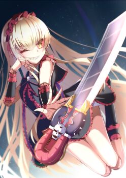 Rule 34 | 1girl, black boots, black dress, boots, boxcutter, clenched teeth, colored sclera, commentary request, detached sleeves, doll, doll joints, dress, duel masters, frilled dress, frilled headband, frills, headband, highres, jenny (duel masters), joints, long hair, multicolored dress, ogamaru, one eye closed, red dress, red headband, red sclera, sharp teeth, smile, solo, teeth, yellow eyes